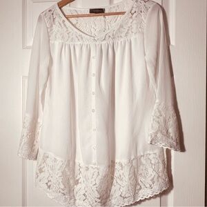 Lace-Trim Button Front Blouse - White
